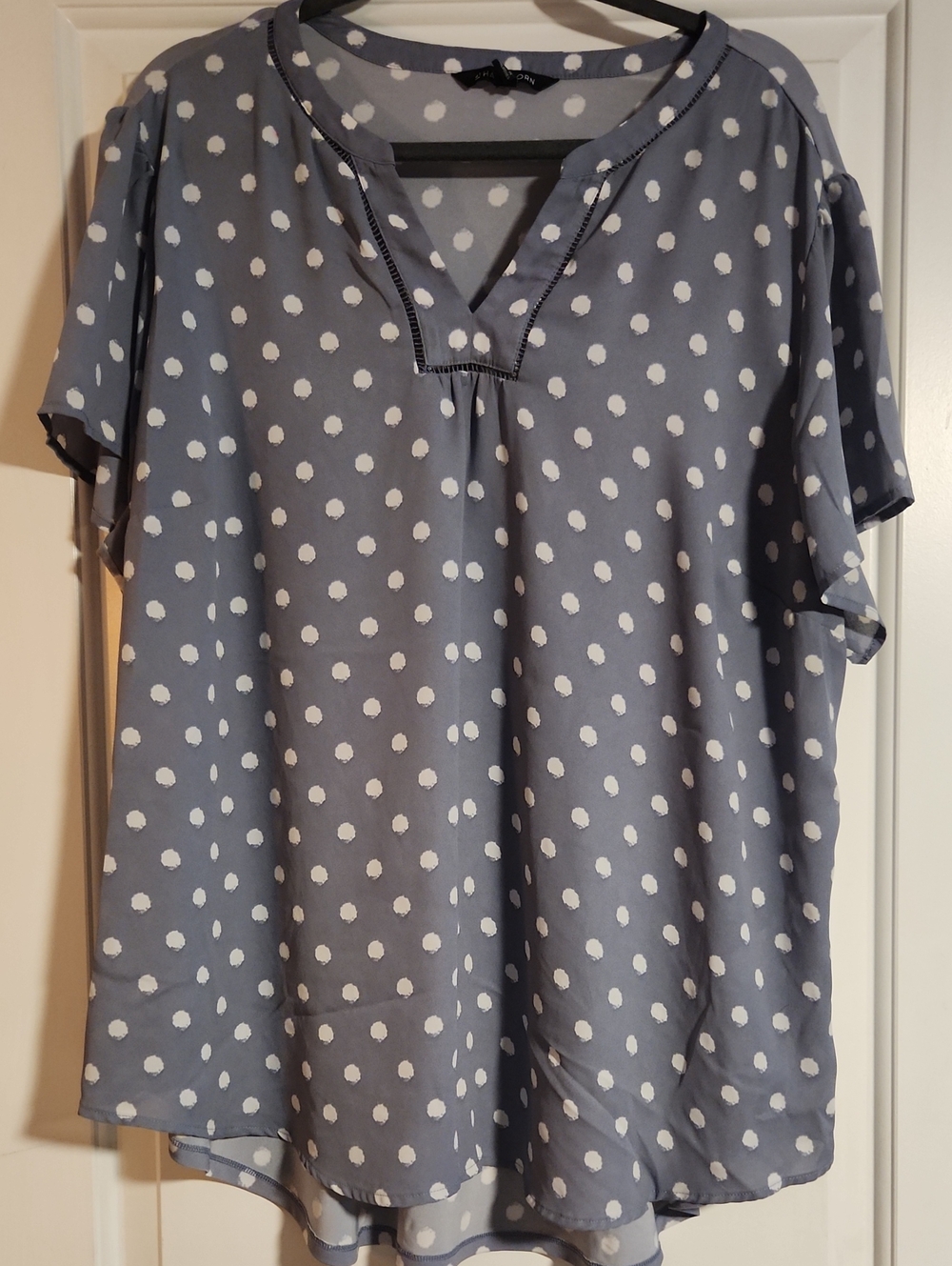 41 Hawthorn Slate Blue Polka Dot Split V-Neck Flutter Sleeve Blouse